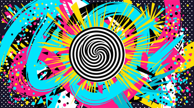 Retro 90s abstract background, vibrant pop art vector with hypnotic spiral, neon geometric splash pattern for posters