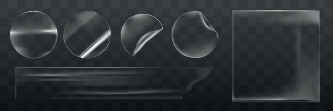 Vector set of transparent glass shapes on a dark checkered background.