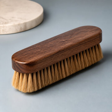 A rectangular wooden shoe brush with dark brown wood grain and stiff tan bristles sitting on a light grey surface near a round stone coaster