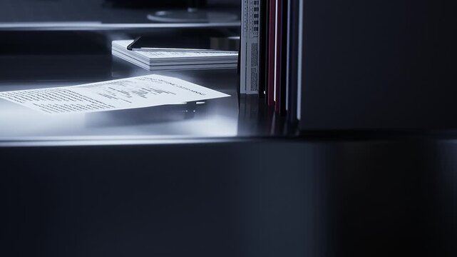 A workspace is shown with documents scattered on a desk. The scene has low light, creating a focused area. Various office supplies are arranged nearby, suggesting late work hours.