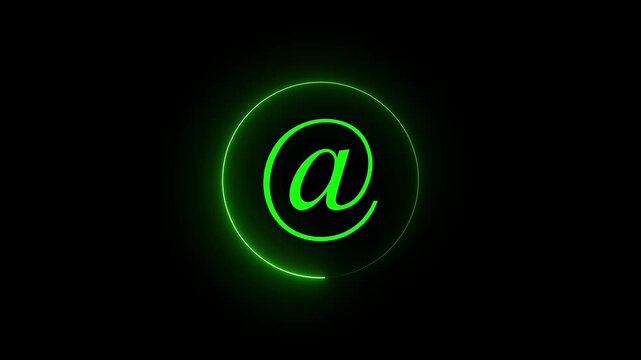 Glowing Green Neon At Sign Animation Loop, Futuristic Email Address Icon Motion Graphics, Contact Us Concept Symbol Overlay for Website UI UX, Digital Communication, Tech Video Editing.