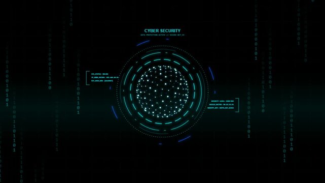 Abstract cyber security digital interface with glowing blue circular hud and binary code data stream on a dark background 4K Motion Video