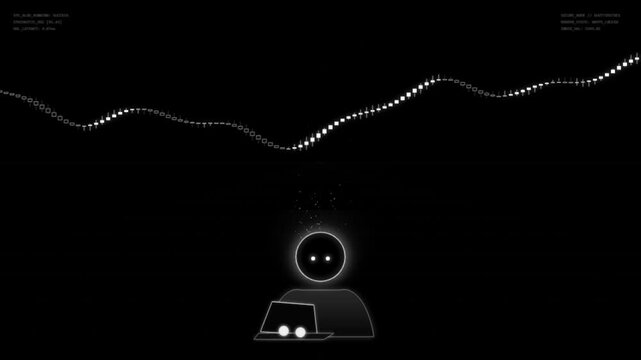 Abstract digital silhouette of a person working on a laptop with a glowing sound wave frequency line above on a dark background 4K Motion Video