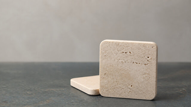 Two square travertine stone coasters with natural porous textures stacked on a dark grey surface against a neutral light grey wall background