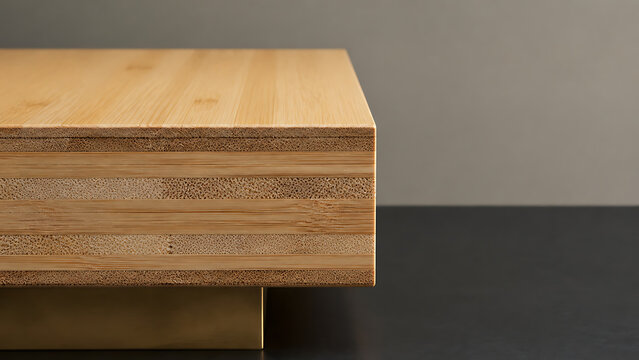 A close up view of a thick bamboo wood block with visible layered grain patterns, resting on a brass base against a dark and grey background