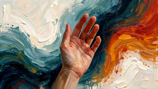 A human hand reaching out against a background of abstract oil paint swirls.