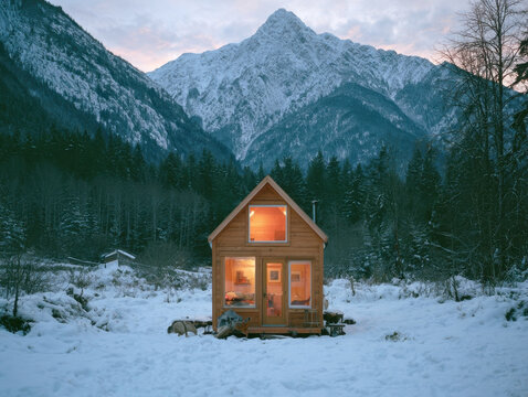 cozy wooden cabin in snow mountain valley at dusk evening illuminated warm light glowing forest landscape winter travel destination remote getaway alpine scenery frozen mountain cabin scene view