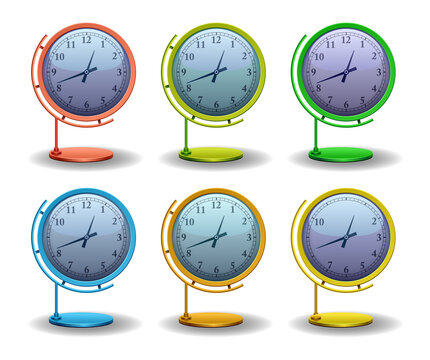 Six colorful clocks on stands in a grid pattern on transparent background