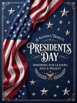 Presidents day tribute poster with draped american flag, embossed stars and formal typography honoring leaders past and present, solemn patriotic memorial design