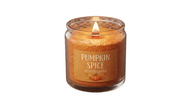 Pumpkin spice scented candle glows inside transparent glass jar with warm orange wax and flickering flame creating cozy autumn ambiance decoration.