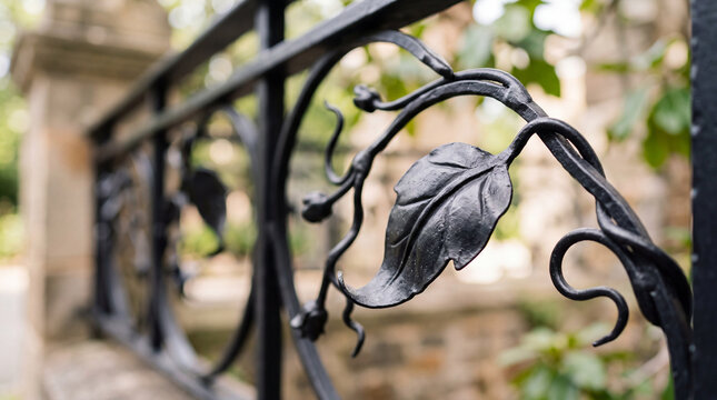 Decorative wrought iron railing with leaf motif close-up in garden outdoor fence detail