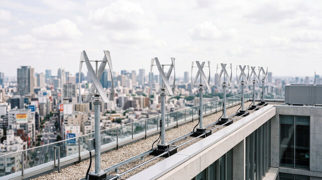 Rooftop vertical axis wind turbines supplying renewable energy to a modern urban skyline