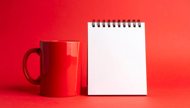 Blank white spiral notebook mockup with red coffee mug on red background, copy space