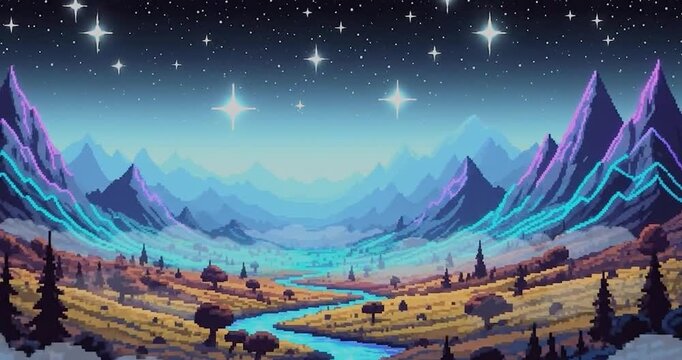 Fantasy night valley pixel art with glowing stars.
