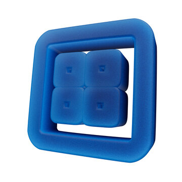 Blue 3D app icon with four squares, modern rounded soft texture and glossy volumetric shape for interface design, mobile application button, web development, digital UI element and software branding