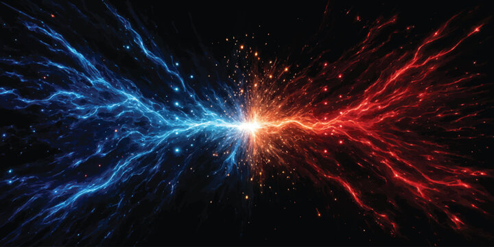 Abstract energy clash between blue and red electric lightning sparks with sci fi abstract electric lightning collision explosion background wallpaper futuristic technology particle