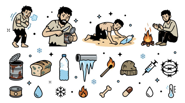 Survival icon set representing homelessness, hunger, cold, extreme weather conditions, and basic human needs