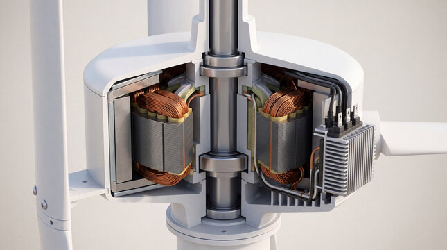 Cutaway view of wind turbine generator internals showing copper coils, stator and rotor engineering