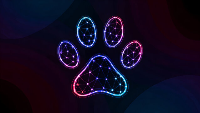 Abstract glowing digital paw print icon with a futuristic network mesh design.