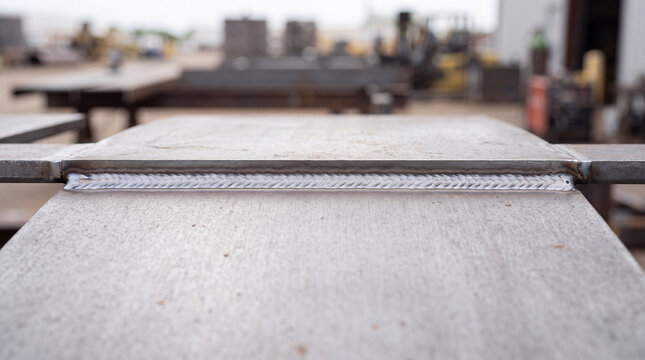 Close-up of steel weld seam on metal plate in industrial fabrication workshop