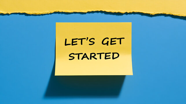 A yellow sticky note with the text let us get started written on a bright blue background paper craft design for business motivation concept