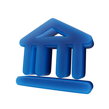 Blue bank building 3D icon for finance and banking, modern textured architectural symbol with isometric perspective on isolated background for web interface, mobile app design, and digital branding
