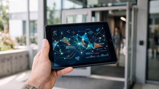 Business technology tablet showing data network visualization and ai analytics in office entrance