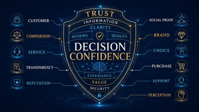 Decision Confidence Concept with Trust, Reviews, Social Proof, Customer Experience, Brand Value and Purchase Choice