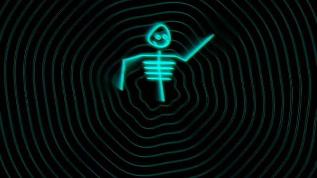 Glowing neon stick figure skeleton dancing inside a dark swirling tunnel of circular lines 4K Motion Video