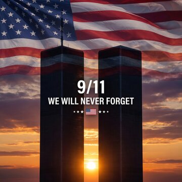 9/11 Memorial Tribute with Twin Towers Silhouette and American Flag at Sunset