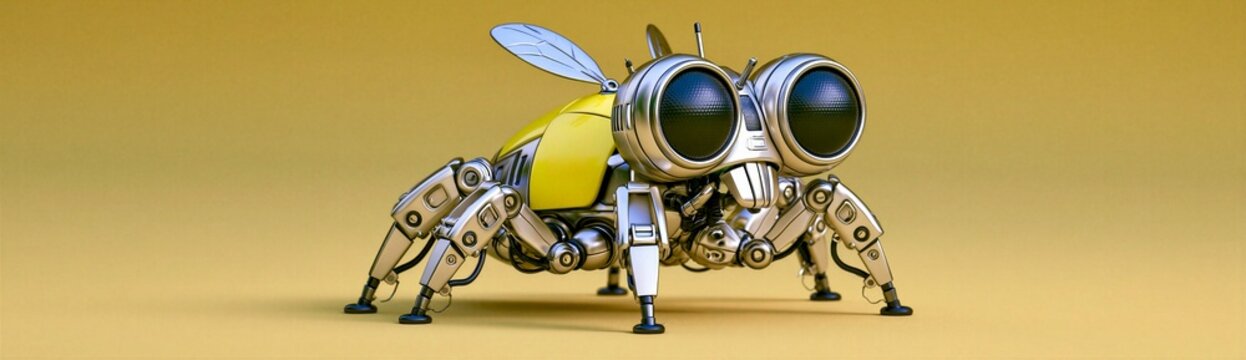 Funny Mechanical Robot Bee Spider with Chrome Eyes on Yellow Background Banner