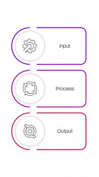 Workflow optimization model arched vertical animated infographic with line icons. IPO method of software development. Clean flat motion graphic 3 step layout with outline elements animation