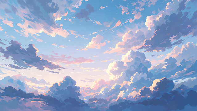 A beautiful anime style illustration of a soft pastel sunset sky with fluffy clouds.