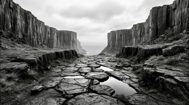 Black and White Rocky Canyon Path to Ocean Misty Cliffs Landscape Wallpaper Web Background