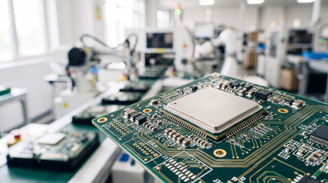 Close-up microchip on circuit board in electronics manufacturing facility with robotic assembly line
