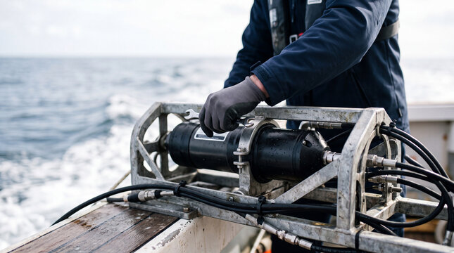 Marine research technician preparing oceanographic equipment on boat deck during rough sea survey