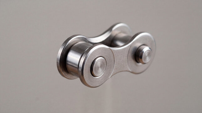 Polished steel chain link close-up, mechanical roller connector component for machinery and bicycles