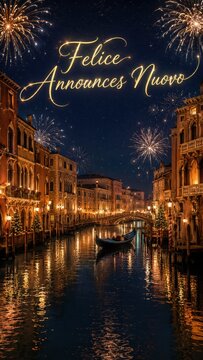New Year fireworks over Venetian canal at night