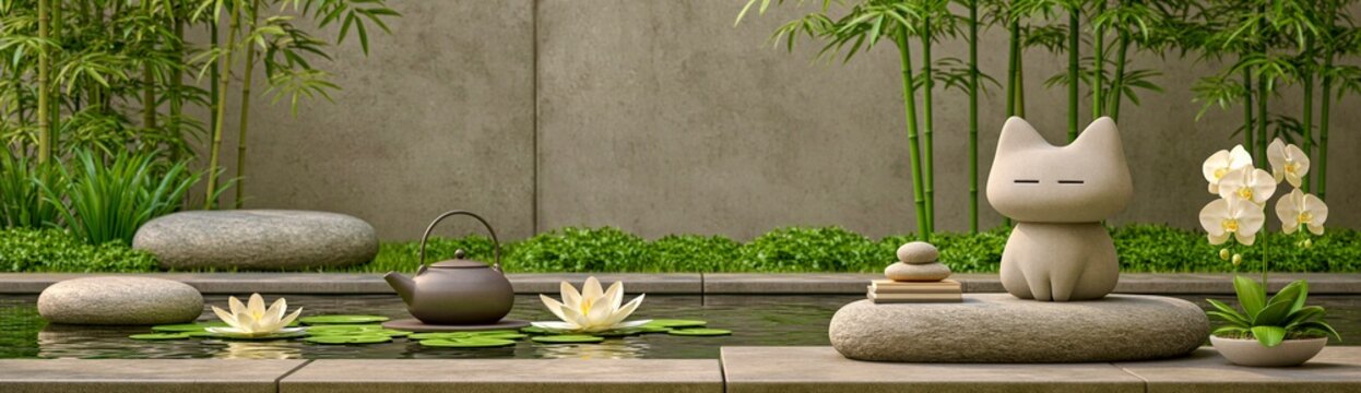 Peaceful Zen Garden With Cute Cat Sculpture, Tea and Lotus Pond Banner