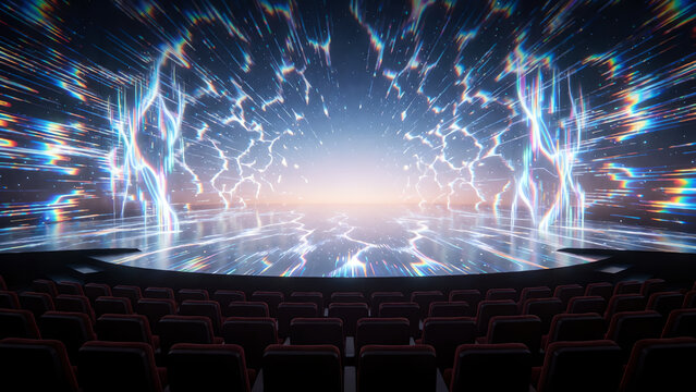 Empty theater stage with glowing abstract blue energy light effects and dark seating rows.
