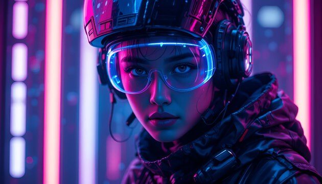 Cyberpunk woman in futuristic tactical gear with glowing neon visor and headset