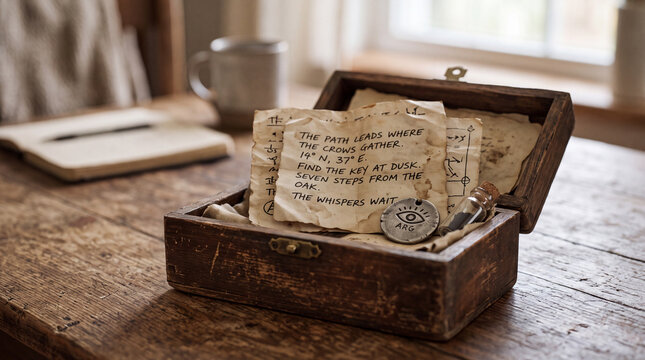 Vintage treasure map and clue box with key, vial and handwritten parchment on rustic wooden table