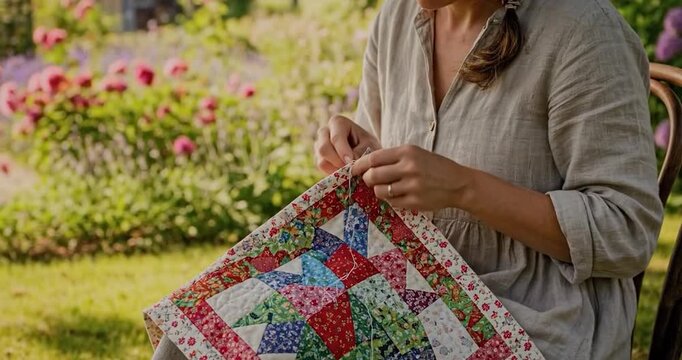 Woman doing needlework in beautiful blooming outdoor garden.