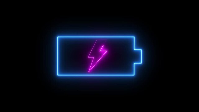 Glowing Neon Battery Icon Animation with pink Lightning Bolt on Black Background 4K Loop.motion video..