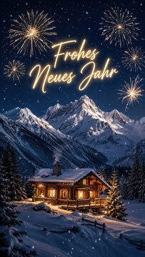 New year fireworks over snowy mountain cabin