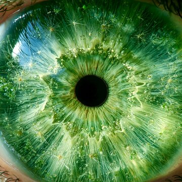 Extreme Close Up Green Eye with Nature Iris Water Droplets and Sparkles