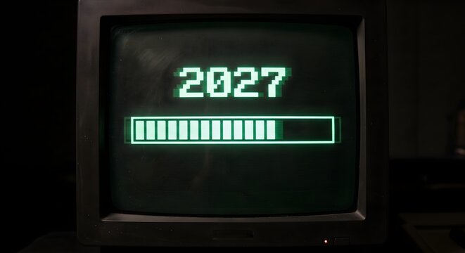 Retro CRT Vintage Computer Monitor Displaying 2027 with Pixelated Green Loading Bar and Nostalgic Monitor Aesthetic