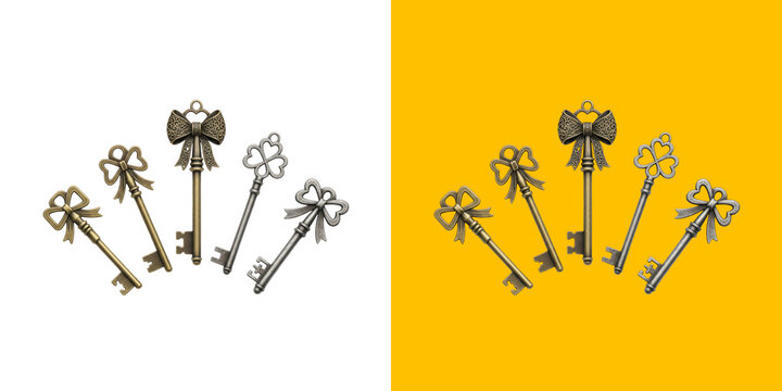 Vintage ornate skeleton keys with bow toppers arranged in a semi circle fan transparent png