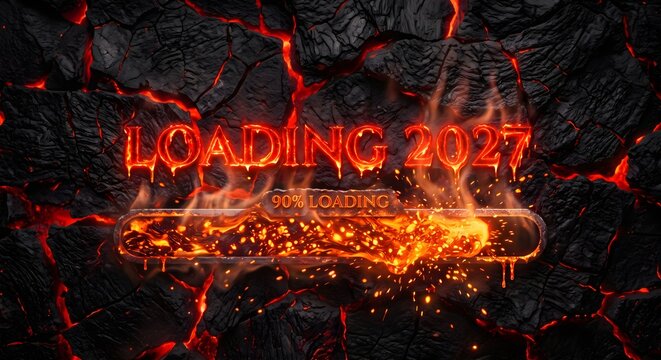 Intense Volcanic Lava Background with Glowing Fiery Loading 2027 Typography and Magma Sparks