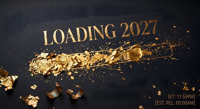 Luxury Dark Theme Loading 2027 with Shattered Gold Foil and Glitter Texture and Elegant Countdown Details